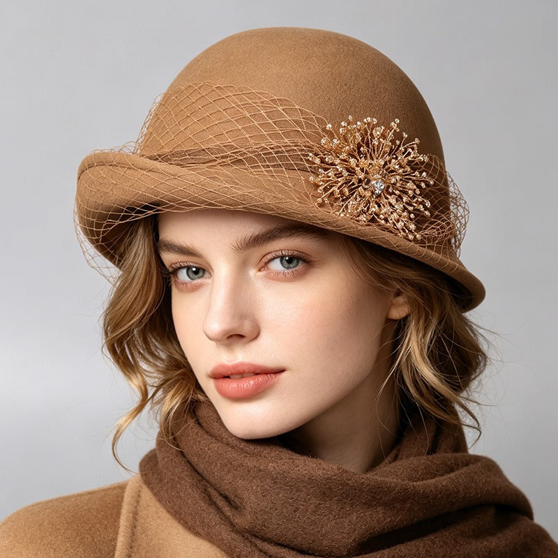 French Cloche Hat - Retro Winter Fedora with Mesh Veil-Grainvity