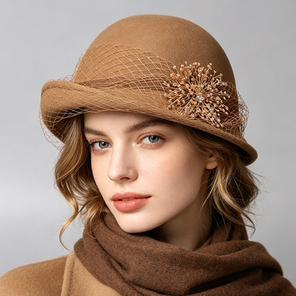 French Cloche Hat - Retro Winter Fedora with Mesh Veil-Grainvity