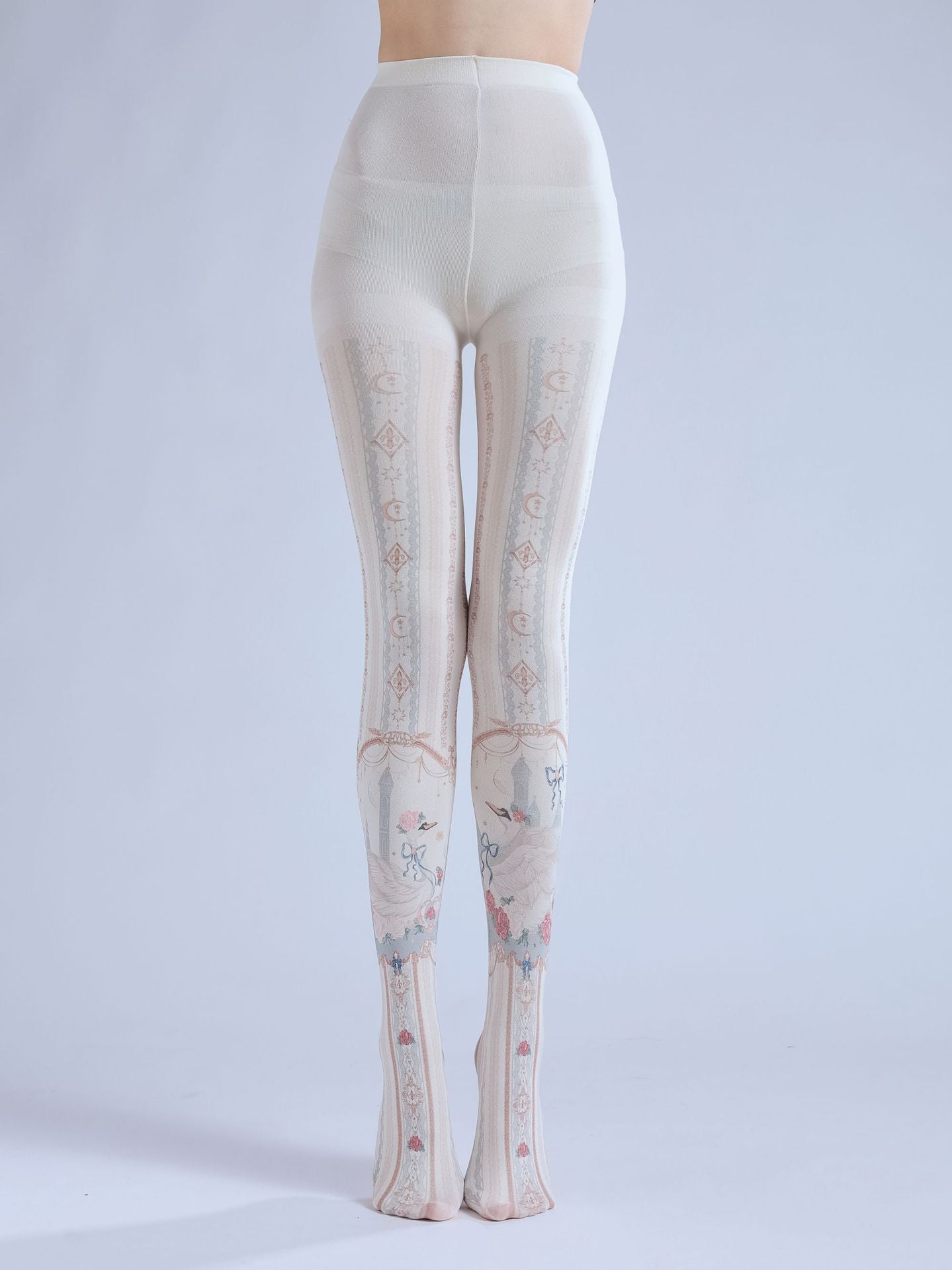 Gorgeous patterned white pantyhose with high elasticity and shaping fit, suitable for events, cosplay, street style, and gifting girls at Christmas