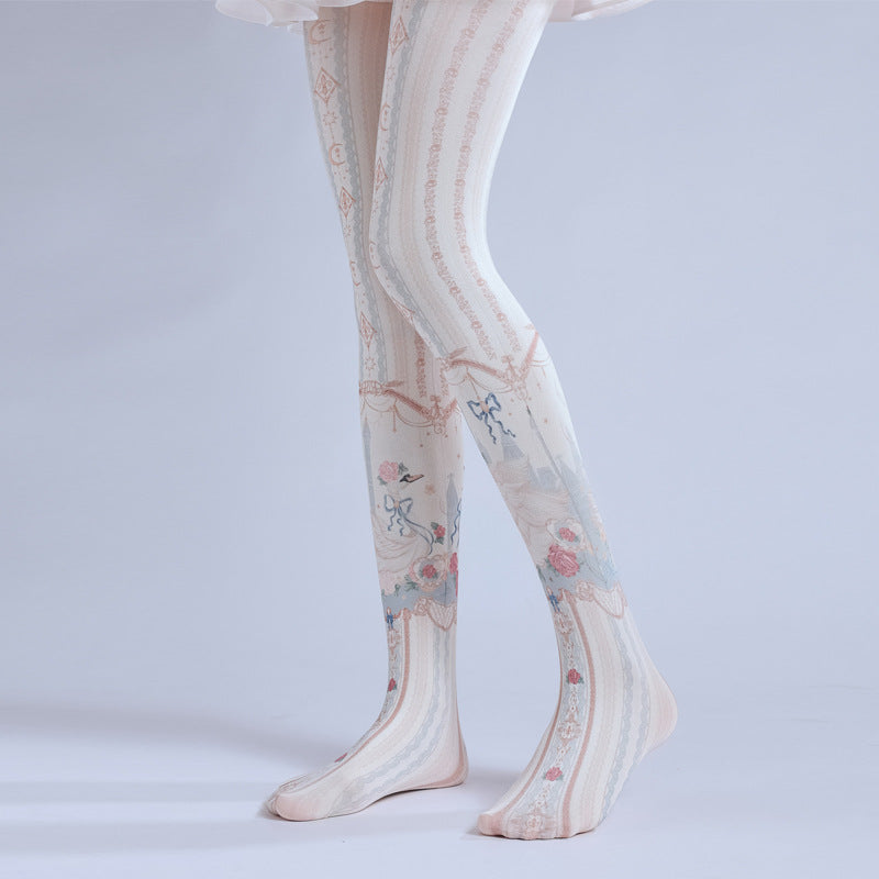 Gorgeous patterned white pantyhose with high elasticity and shaping fit, suitable for events, cosplay, street style, and gifting girls at Christmas