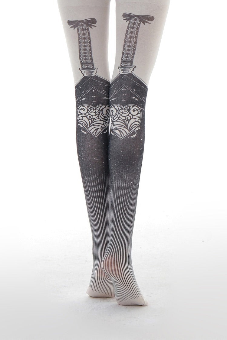 Gothic Heart Faux Suspender Patterned Tights