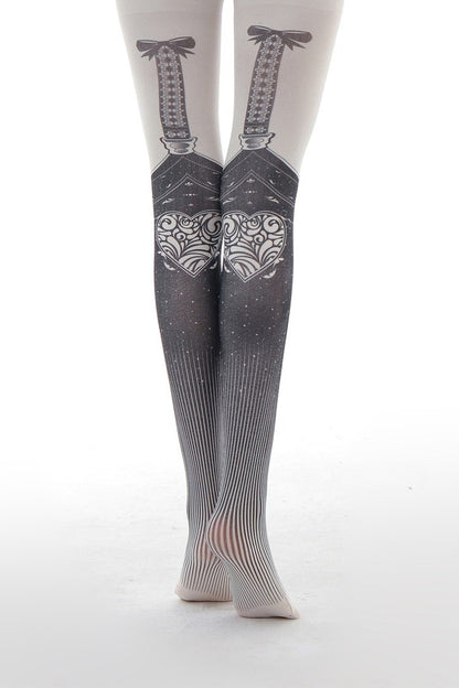 Gothic Heart Faux Suspender Patterned Tights