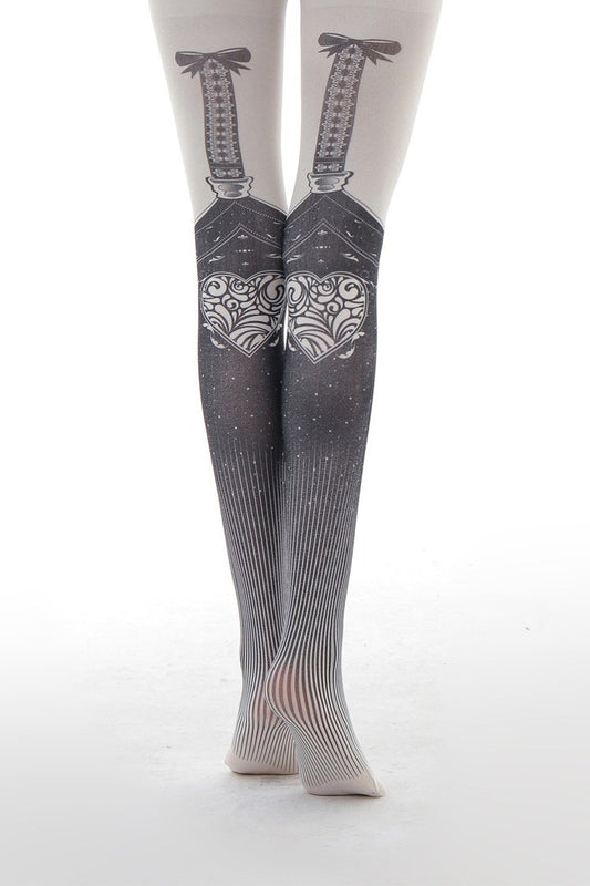 Garter tights with printed lace straps and bows