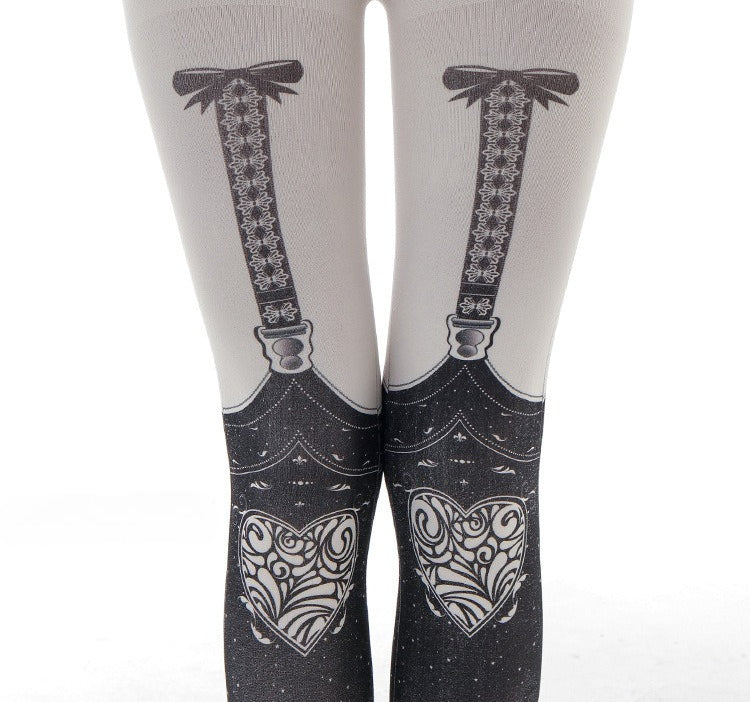 Gothic Heart Faux Suspender Patterned Tights
