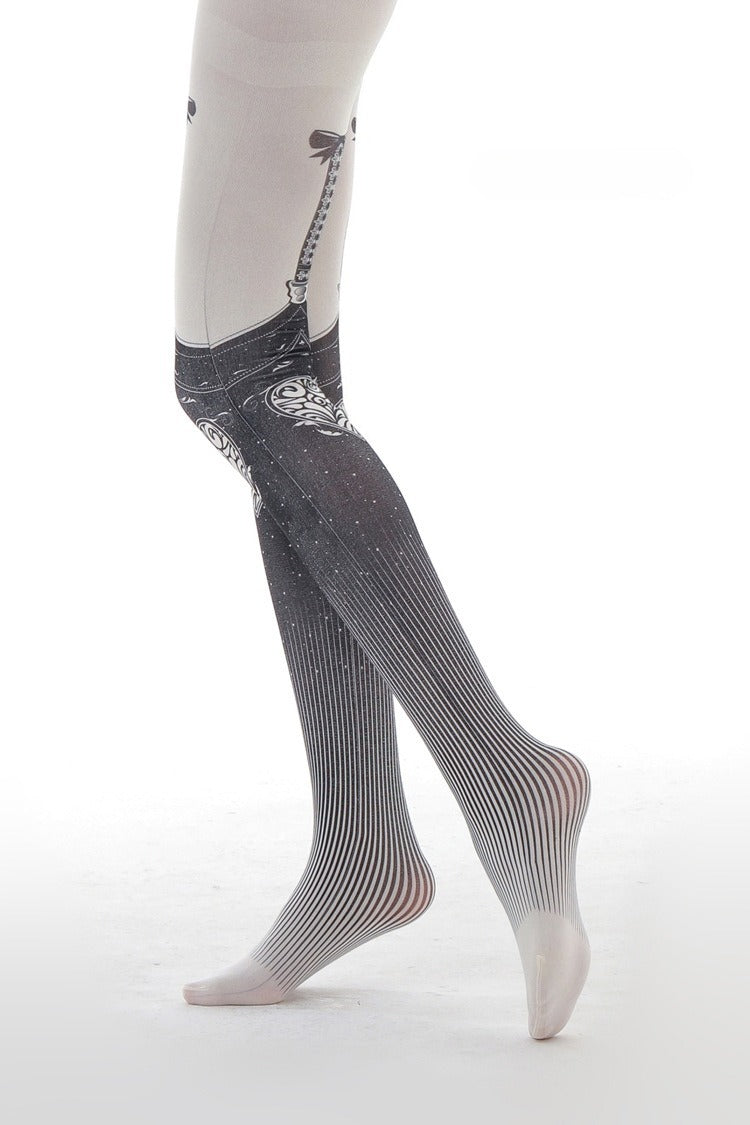 Gothic Heart Faux Suspender Patterned Tights