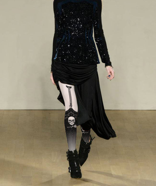 Gothic Skull Suspenders Print Tights