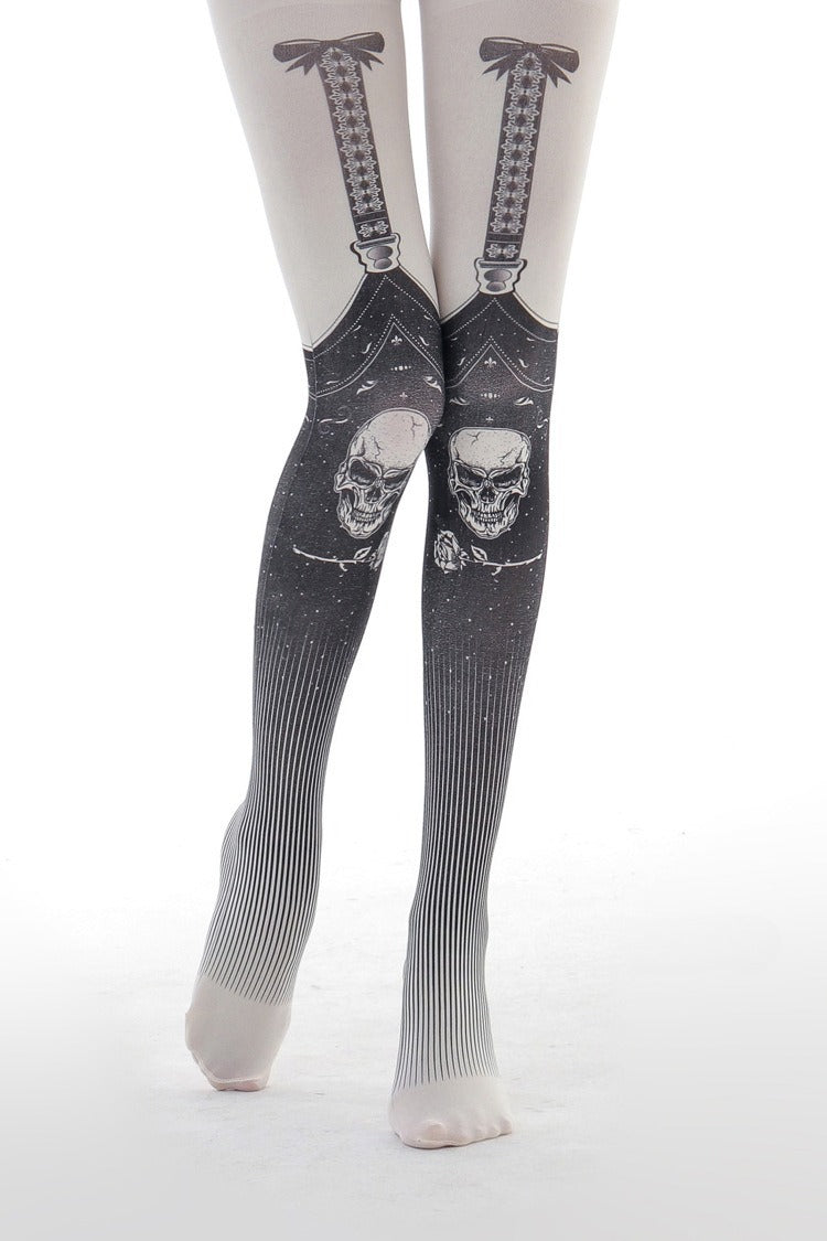 Gothic Skull Suspender Tights by Grainvity with printed lace straps