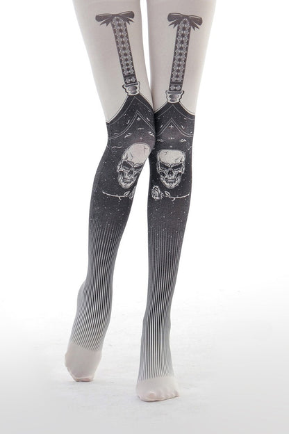 Gothic Skull Suspender Tights by Grainvity with printed lace straps