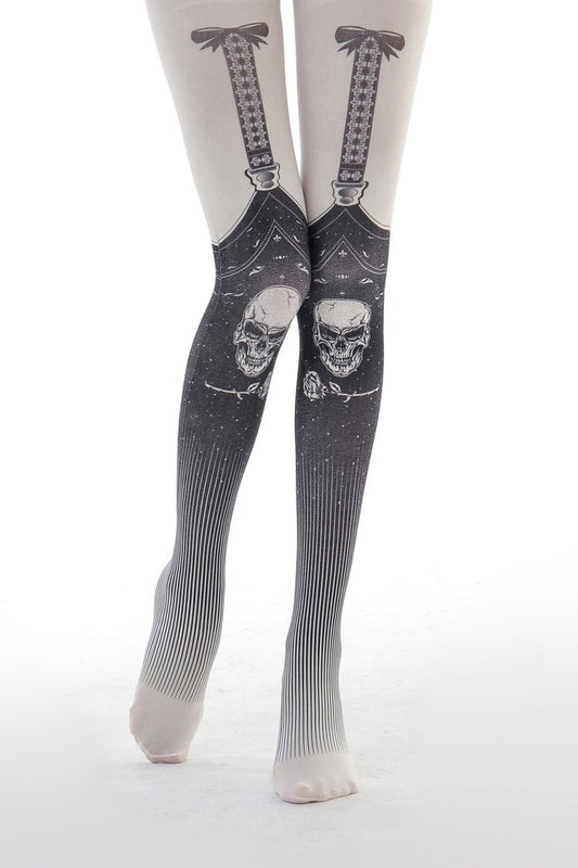 Gothic Skull Suspender Tights by Grainvity with printed lace straps