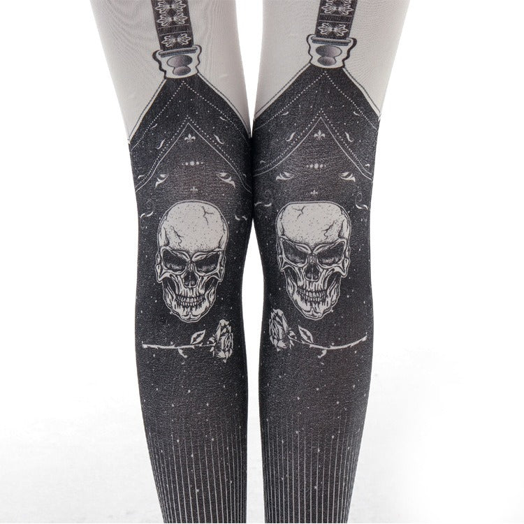 Gothic Skull Suspenders Print Tights