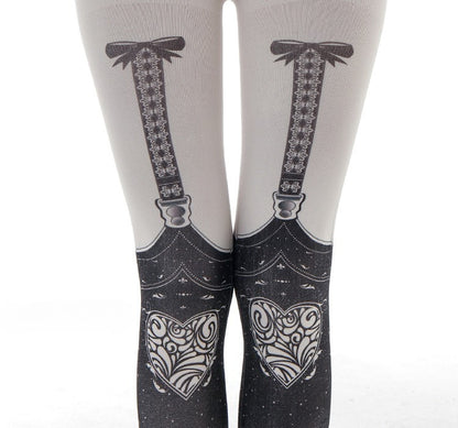 Gothic Skull Suspenders Print Tights