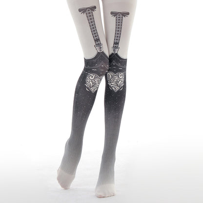 Gothic Skull Suspenders Print Tights