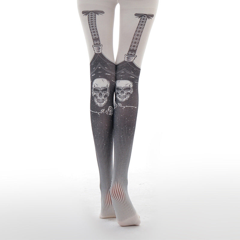 Gothic Skull Suspenders Print Tights