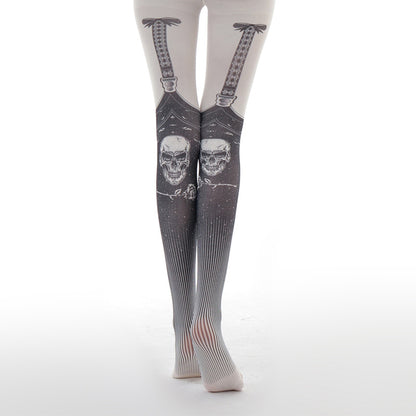 Gothic Skull Suspenders Print Tights