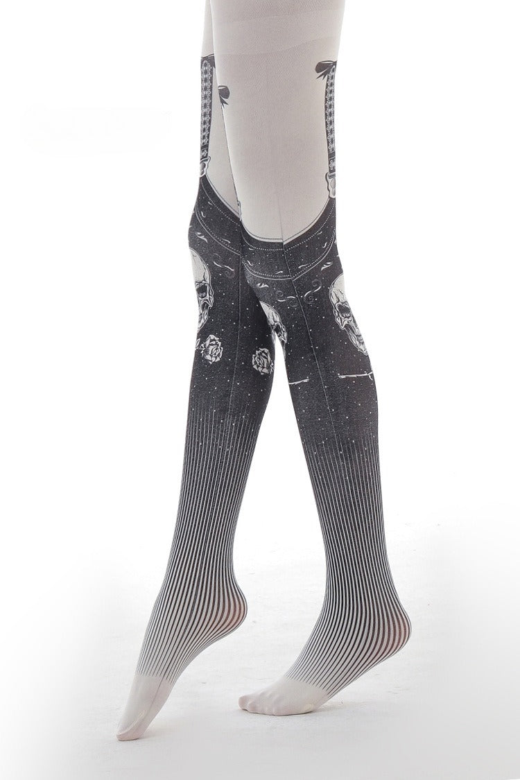 Gothic Skull Suspenders Print Tights