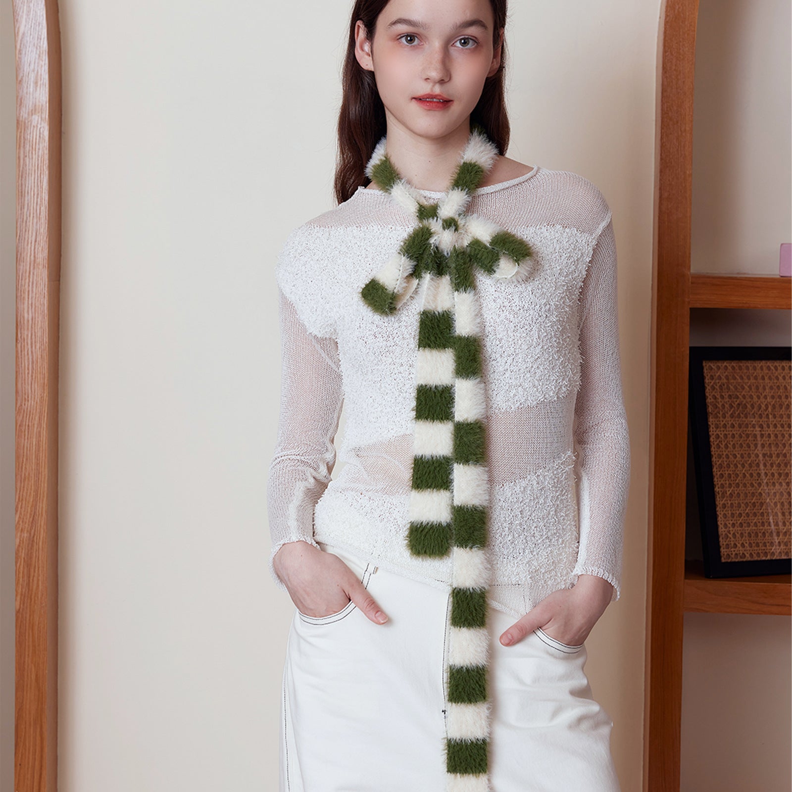 Green Fluffy Knitted Scarf women Accessory