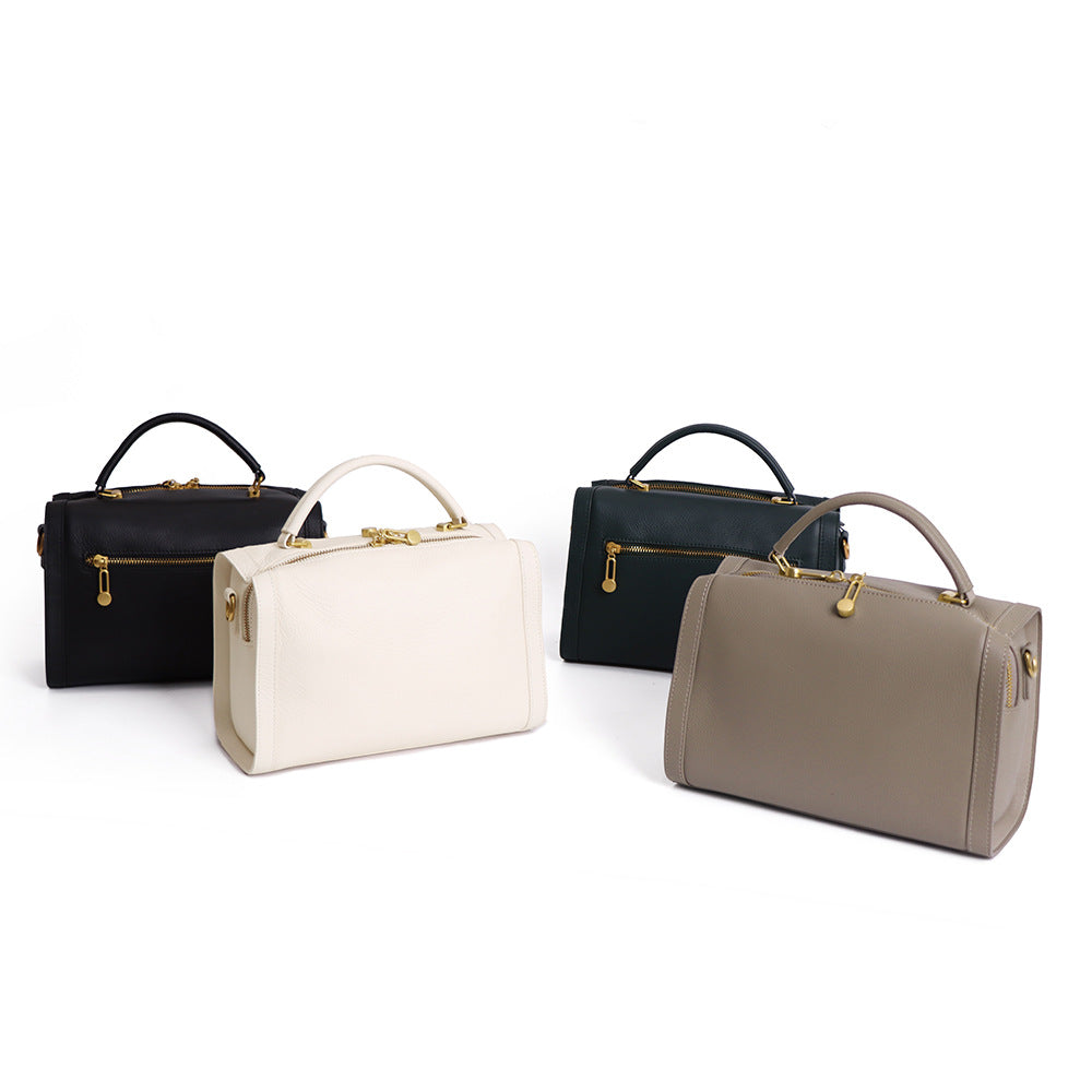 Leather Boston Pillow Bag – Genuine Cowhide Structured Handbag