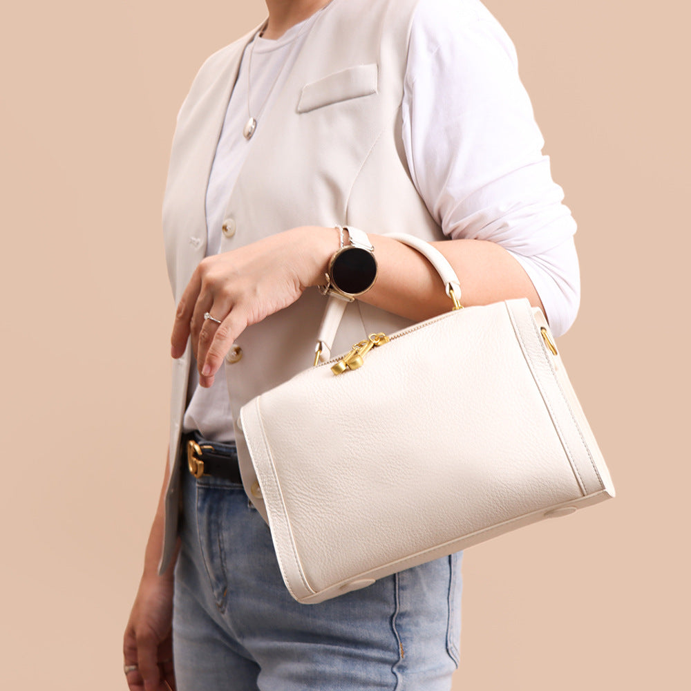 Leather Boston Pillow Bag – Genuine Cowhide Structured Handbag