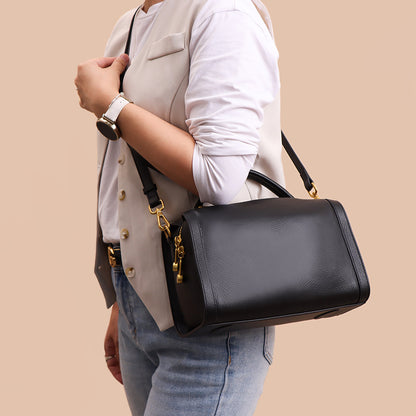Leather Boston Pillow Bag – Genuine Cowhide Structured Handbag