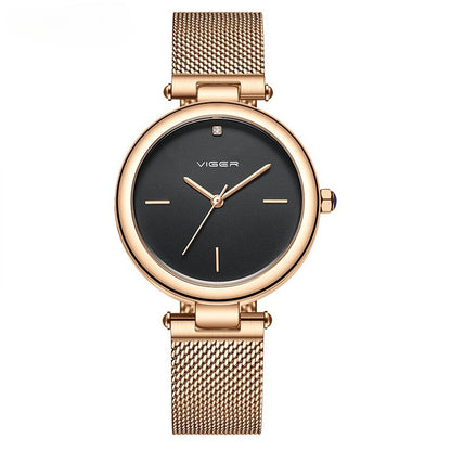 Minimalist Rose Gold Ladies Watch Round Face & Mesh Strap-Grainvity