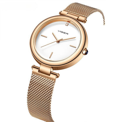 Minimalist Rose Gold Ladies Watch Round Face & Mesh Strap-Grainvity
