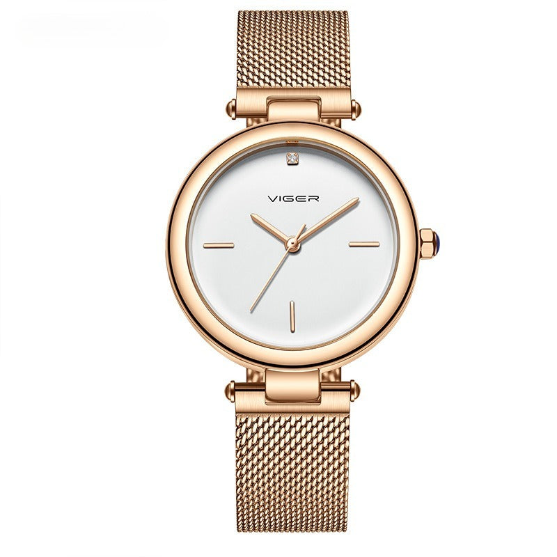 Minimalist Rose Gold Ladies Watch Round Face & Mesh Strap-Grainvity