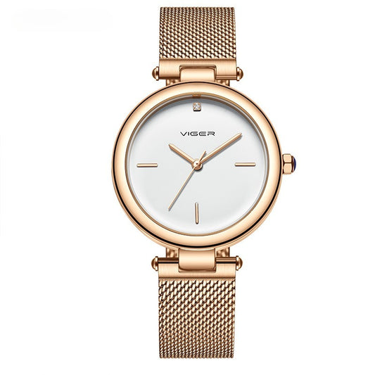 Minimalist Rose Gold Ladies Watch Round Face & Mesh Strap-Grainvity