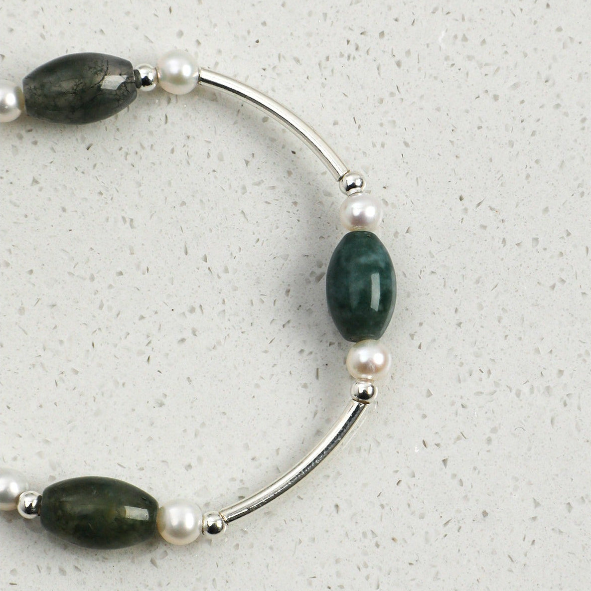 Moss Agate Pearl Silver Bracelet