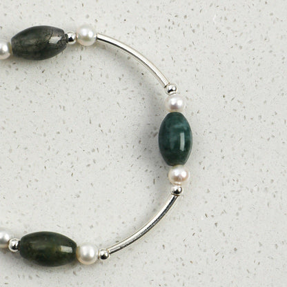 Moss Agate Pearl Silver Bracelet