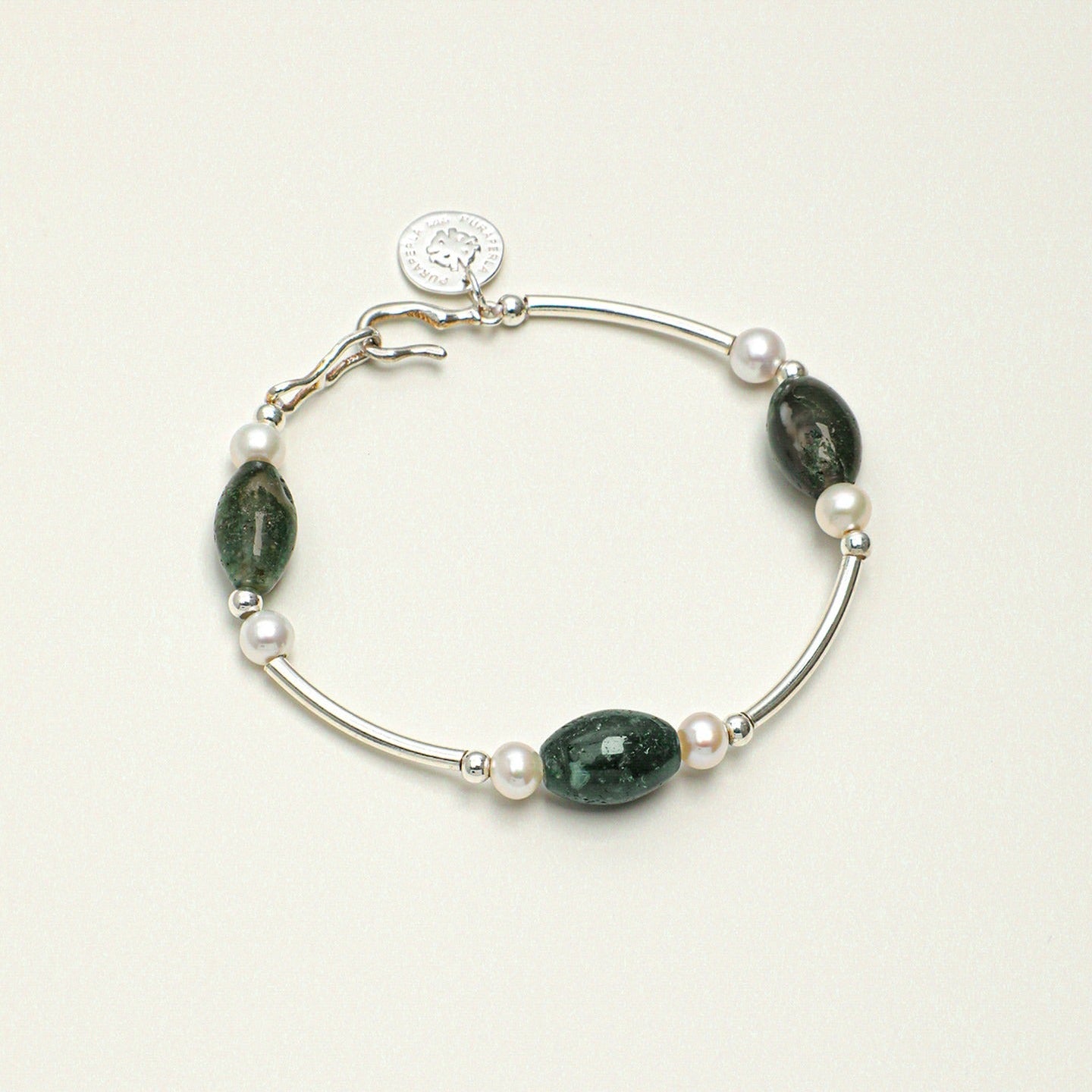 Moss Agate Pearl Silver Bracelet