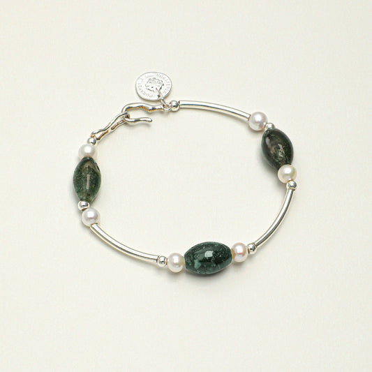 Moss Agate Pearl Silver Bracelet