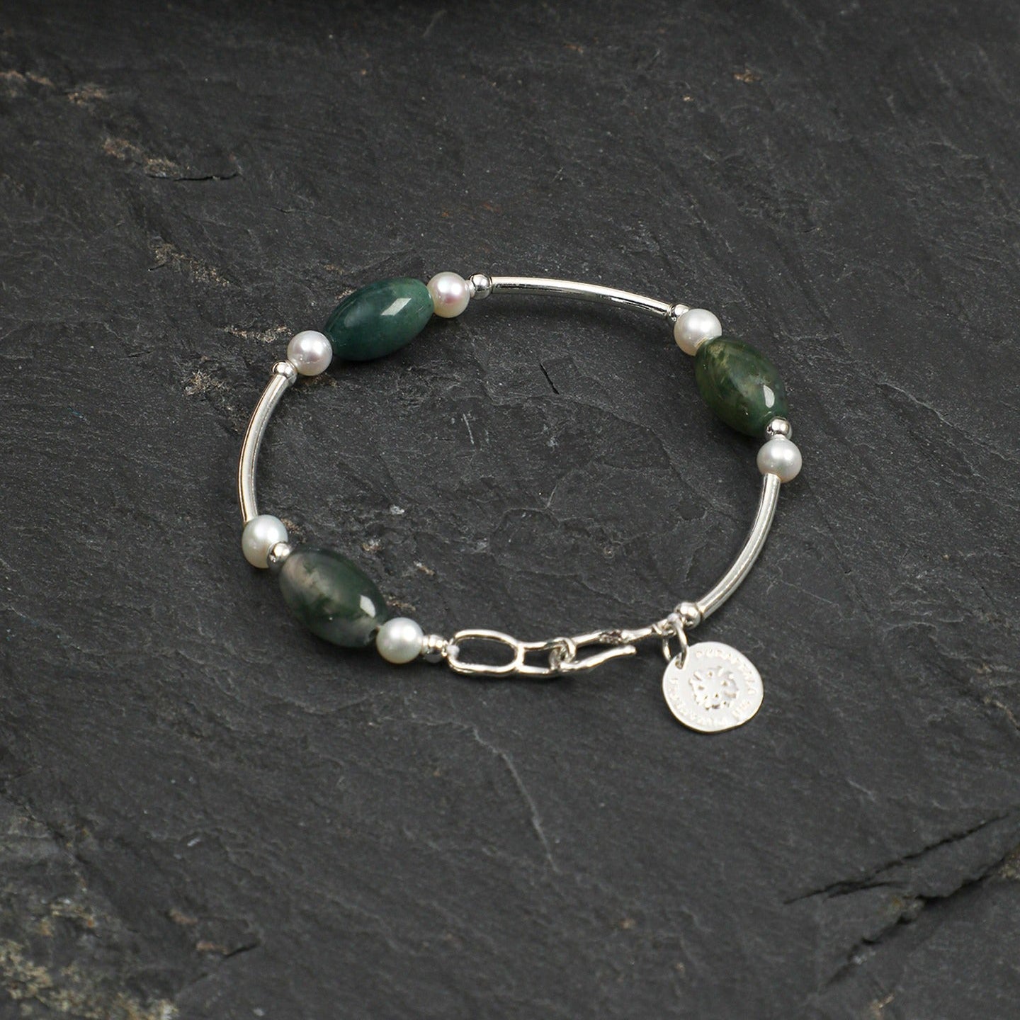 Moss Agate Pearl Silver Bracelet