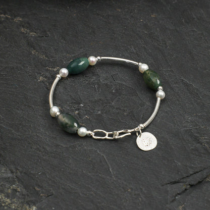 Moss Agate Pearl Silver Bracelet