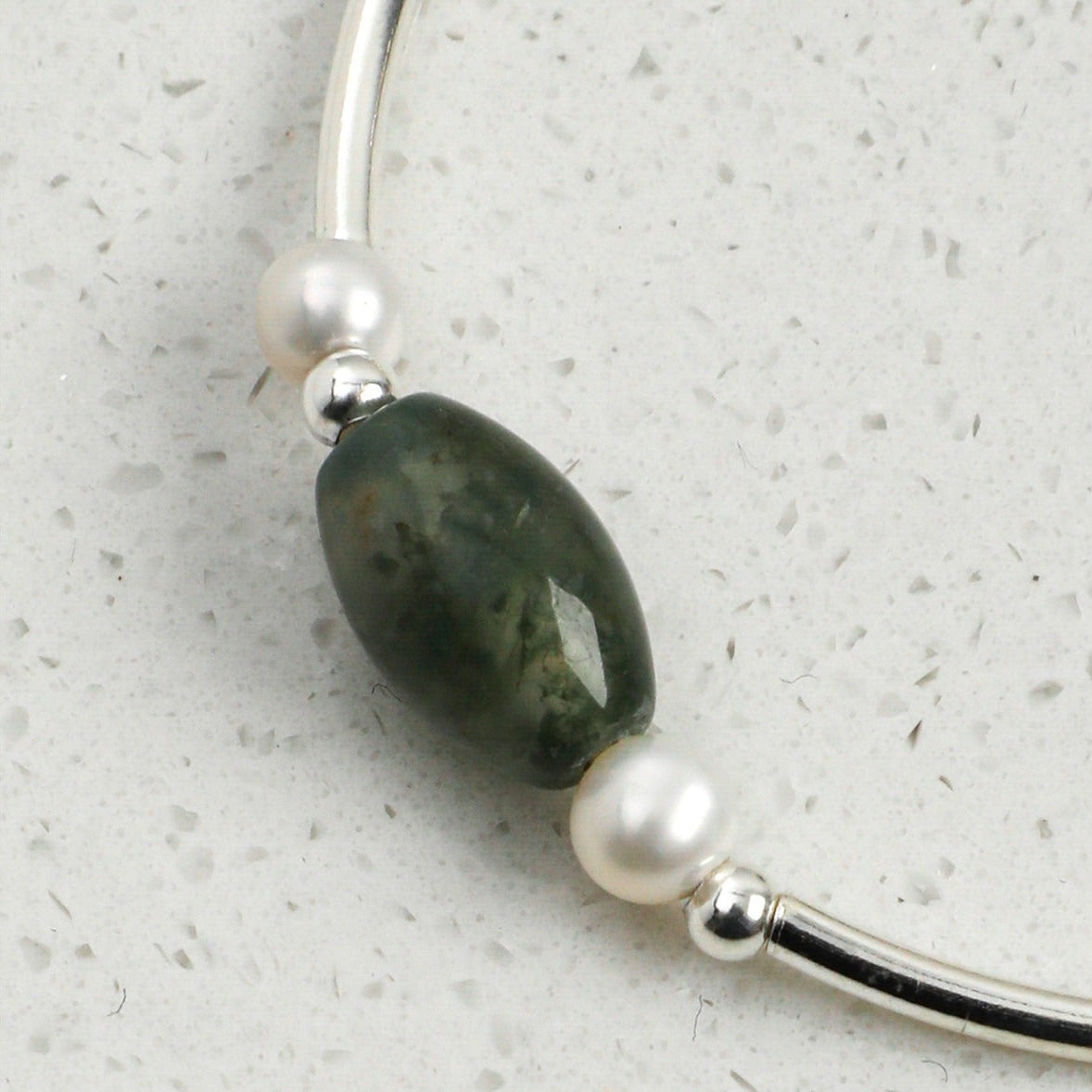 Moss Agate Pearl Silver Bracelet