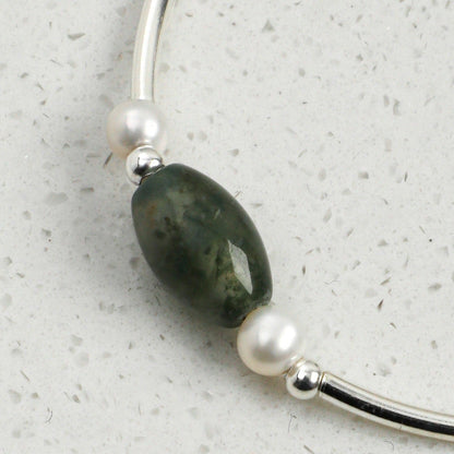 Moss Agate Pearl Silver Bracelet