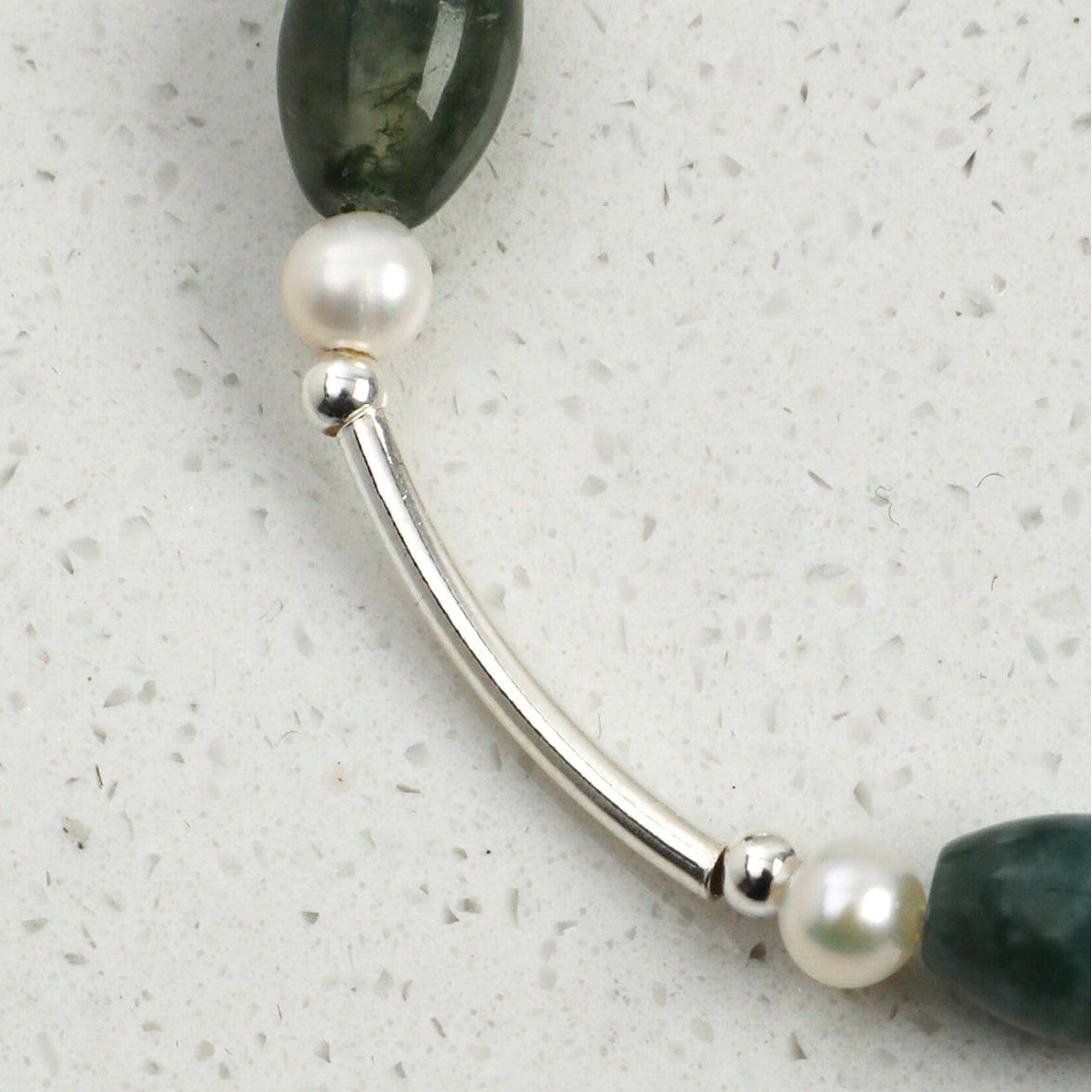 Moss Agate Pearl Silver Bracelet