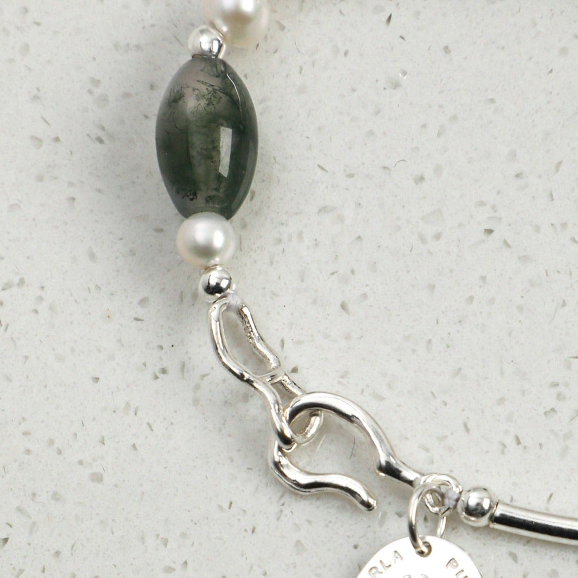 Moss Agate Pearl Silver Bracelet