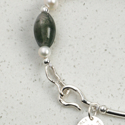 Moss Agate Pearl Silver Bracelet