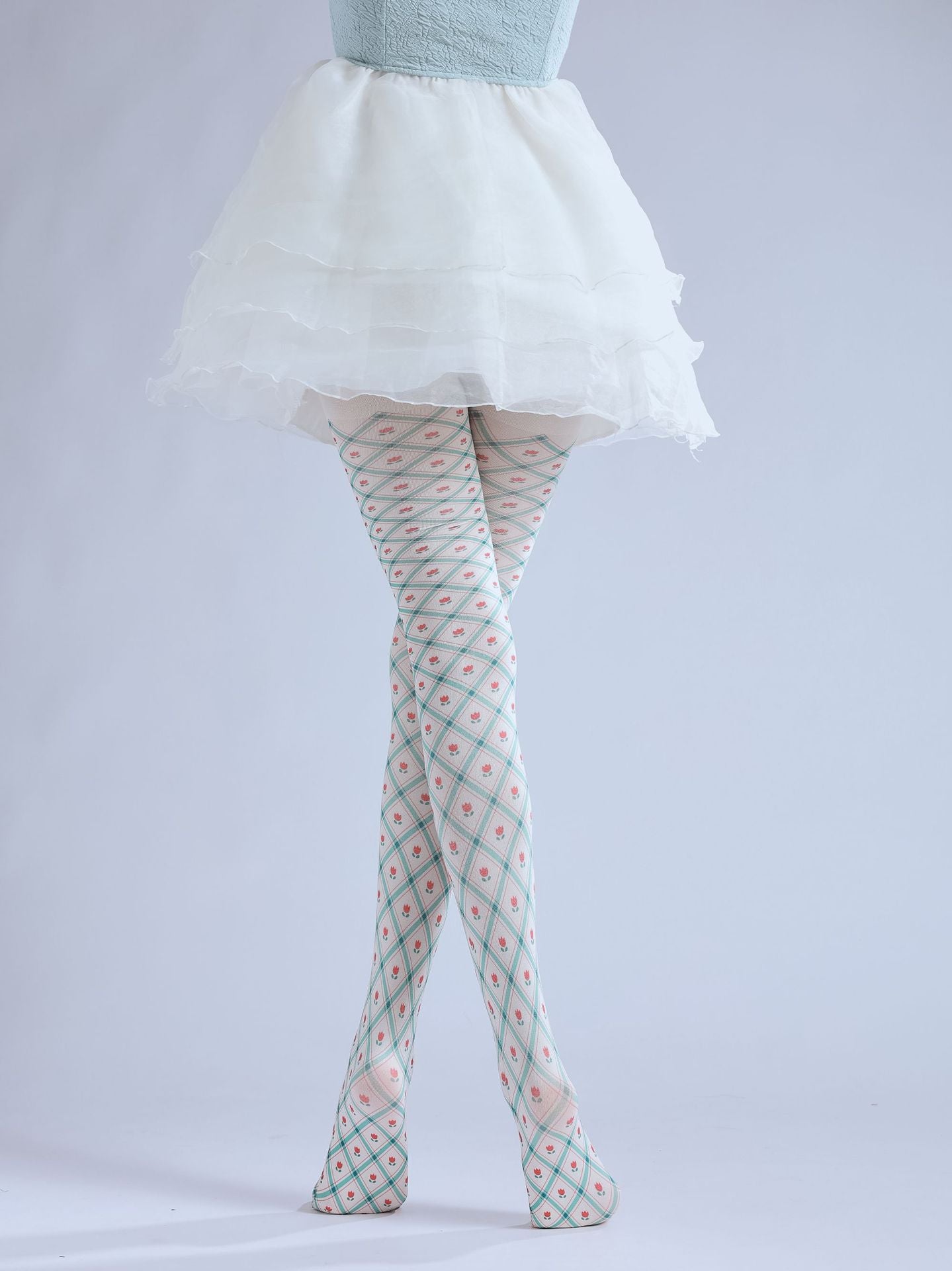 Checkered Floral pantyhose with high elasticity and shaping fit, suitable for events, cosplay, street style, and gifting girls at Christmas