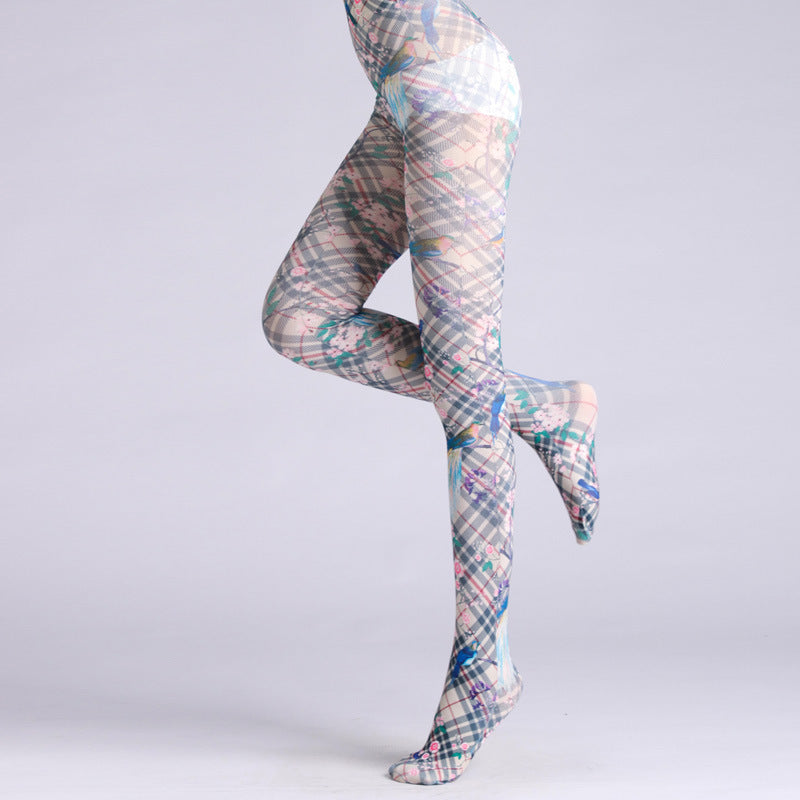 British Plaid Flower Bird Tights with high elasticity and compression,shaping fit and ideal for weddings, parties, ethnic outfits, and street fashion