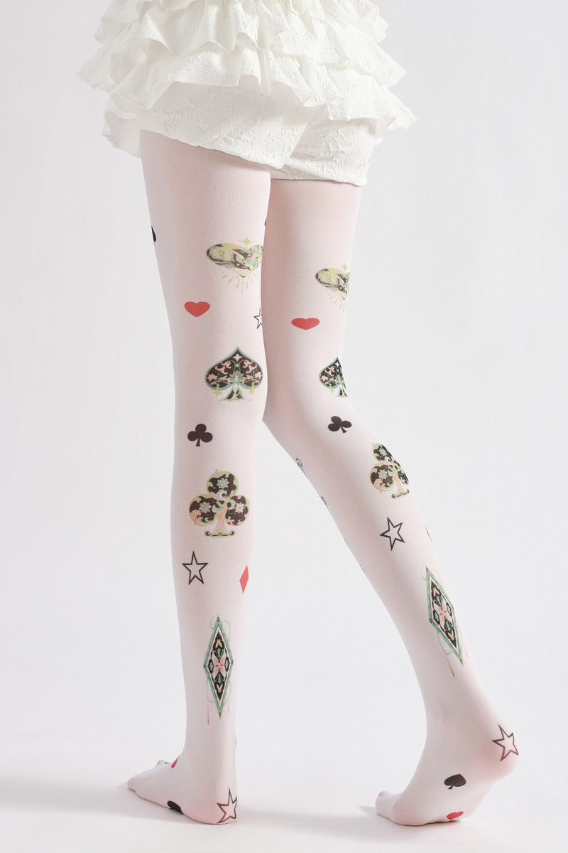Funky Poker Strap Tights Semi-Sheer with high elasticity and shaping fit, suitable for events, cosplay, street style, and gifting girls at Christmas