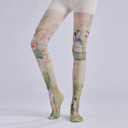 Chinese Style Ancient Pattern Print Pantyhose-Grainvity