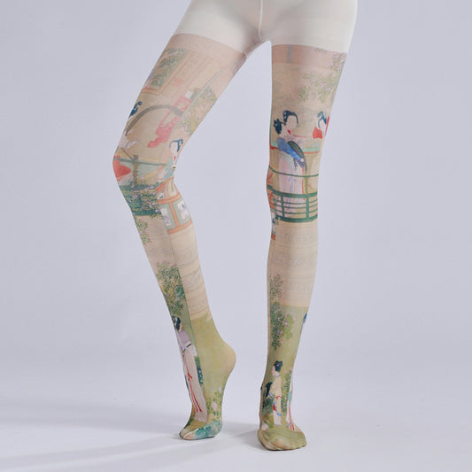 Chinese Style Ancient Pattern Print Pantyhose-Grainvity