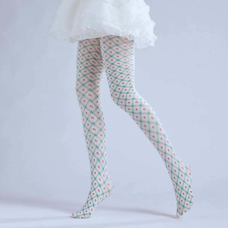 Checkered Floral pantyhose with high elasticity and shaping fit, suitable for events, cosplay, street style, and gifting girls at Christmas