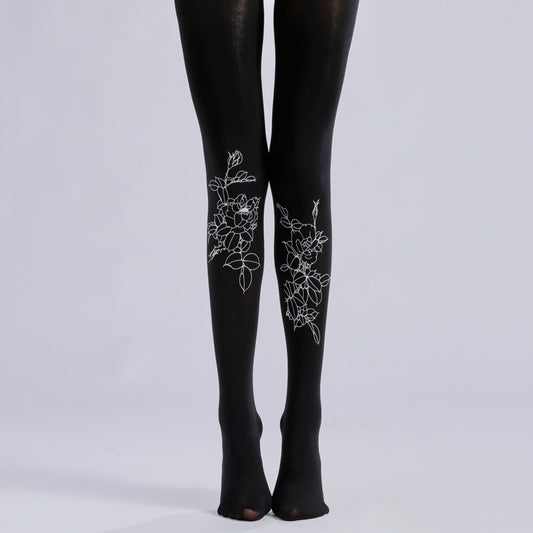 Women Black Tights With Floral-Grainvity