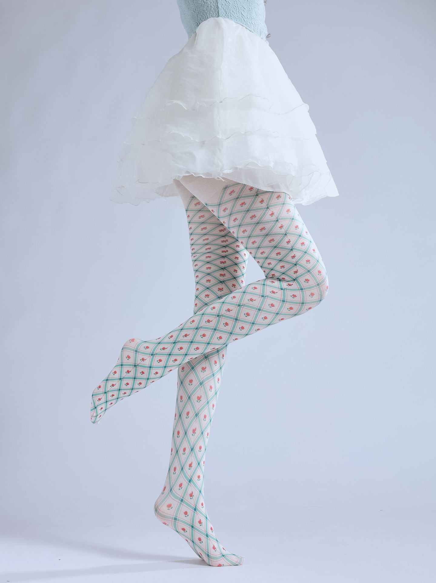 Checkered Floral pantyhose with high elasticity and shaping fit, suitable for events, cosplay, street style, and gifting girls at Christmas