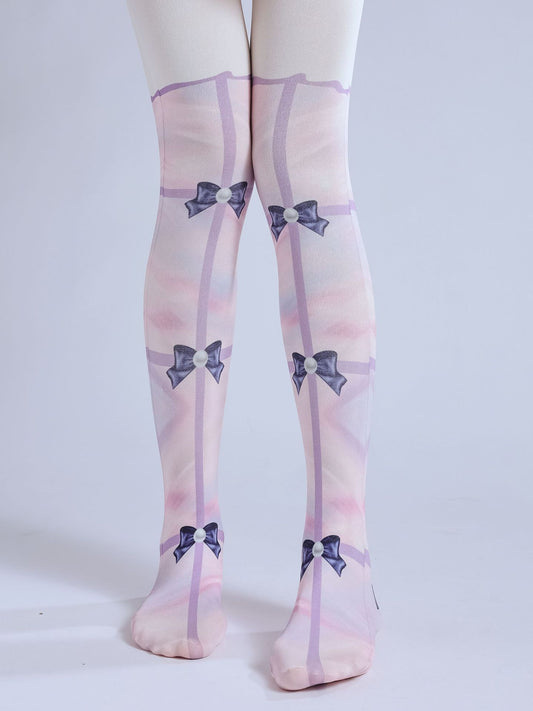 Rainbow Bow-Knot Women Tights with high elasticity and shaping fit, suitable for events, cosplay, street style, and gifting girls at Christmas