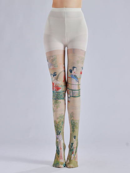 Chinese Style Ancient Pattern Print Pantyhose-Grainvity