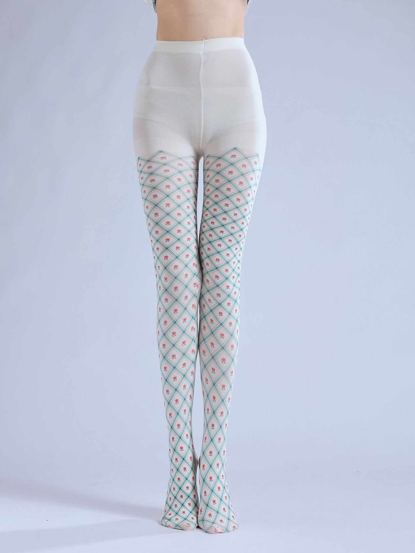 Checkered Floral pantyhose with high elasticity and shaping fit, suitable for events, cosplay, street style, and gifting girls at Christmas