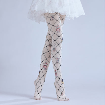 Rhombus Grid Pattern Printed Pantyhose-Grainvity